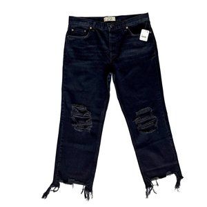 NWT Free People Maggie Mid Rise Straight Black Jeans Distressed Raw Hem Size 29